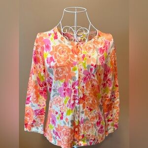 Garnet Hill Merino Wool Floral Cardigan Cream Pink Size M